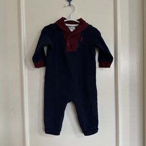 Ralph Lauren 9 Months Baby Romper Boys Navy Blue Collar Burgundy White Label